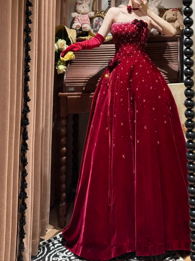 Pretty Burgundy Strapless Velvet Beaded Long Birthday Party Dress Evening Dress