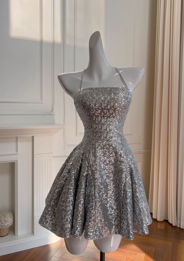 Simple Silver Spaghetti Strap A-line Sequin Homecoming Dress Cocktail Dress