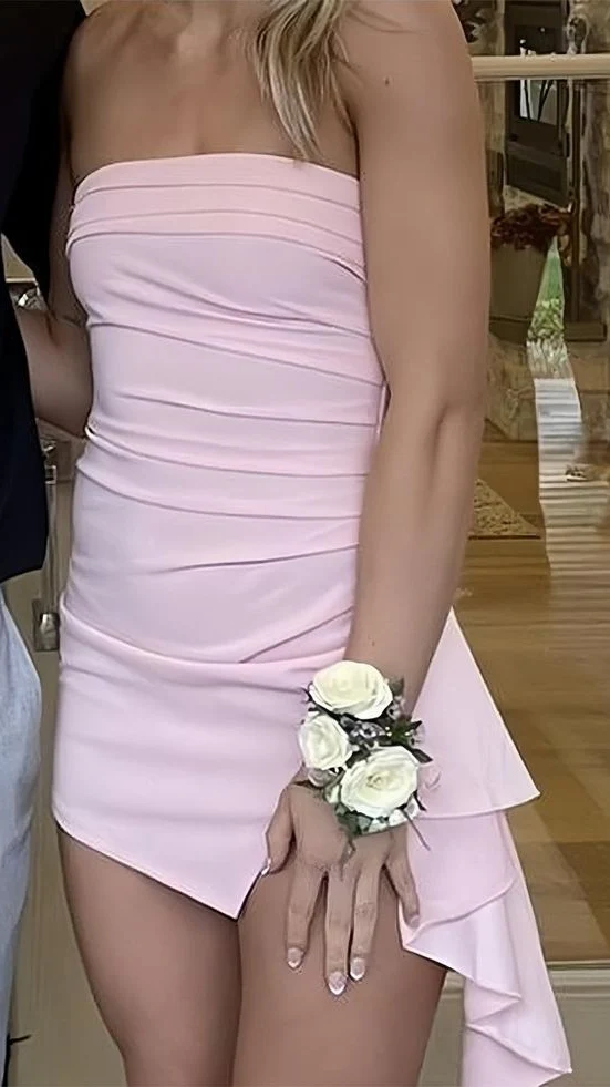 Elegant Strapless Pink Pleated Sheath Slit Cocktail Dress Formal 8th Grade Homecoming Dress