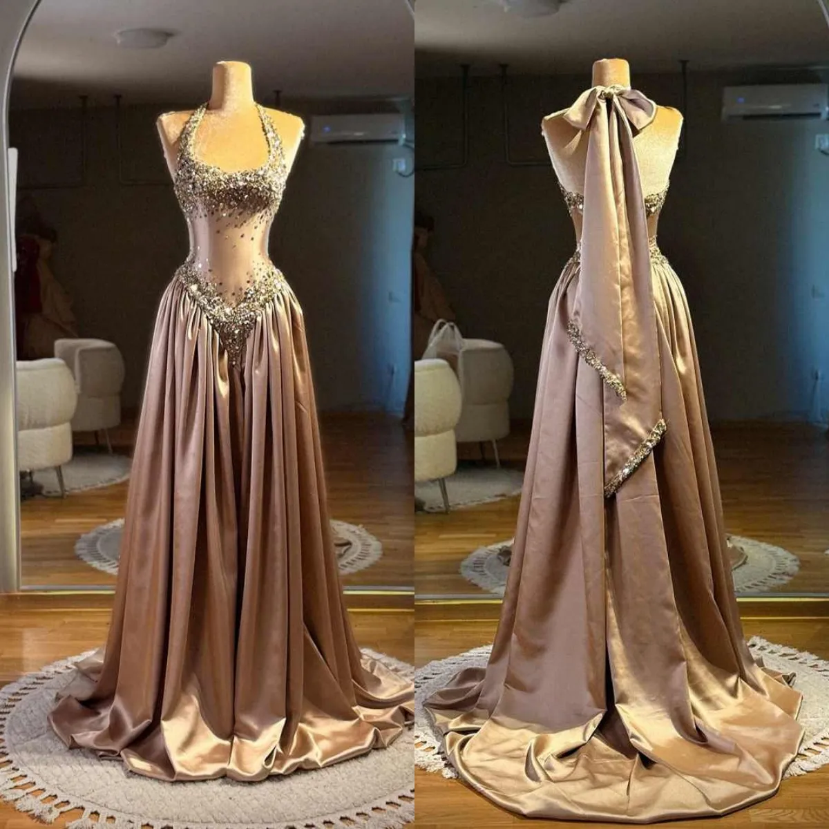 Gorgeous Halter Satin Beaded Long Evening Dress Birthday Party Dress
