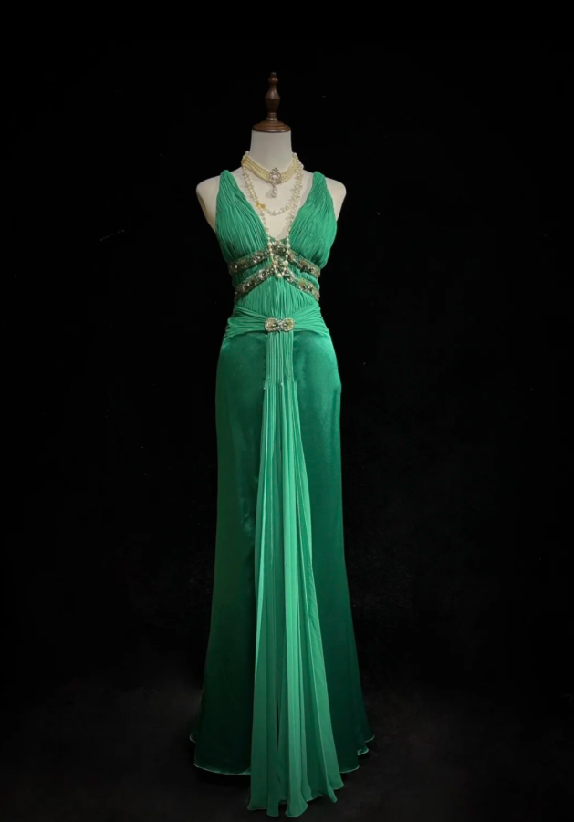 Elegant V Neck Green Satin Beaded Mermaid Long Wedding Guest Dress Formal Birthday Party Dress