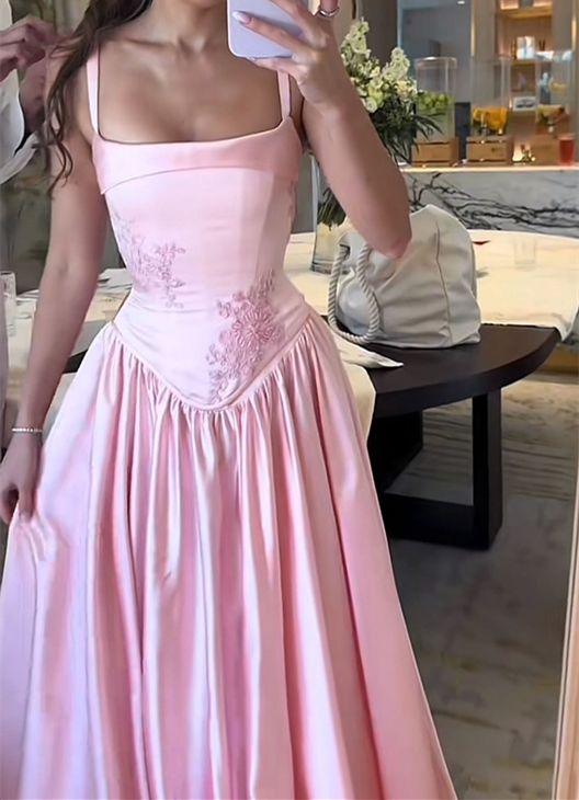 Elegant Pink Satin A-Line Long Evening Dress Birthday Outfit