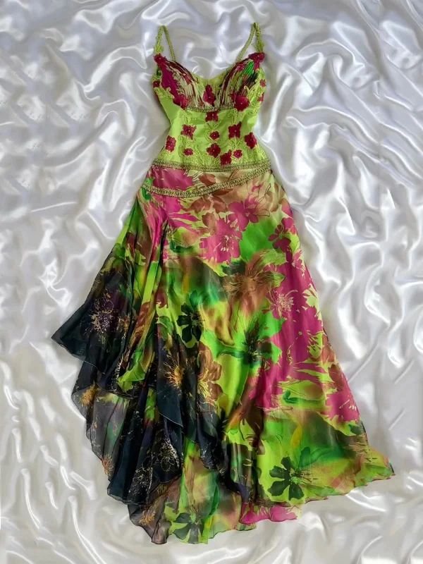 Unique Spaghetti Straps Chiffon Printed Floral Mermaid Evening Dress Long Party Gown