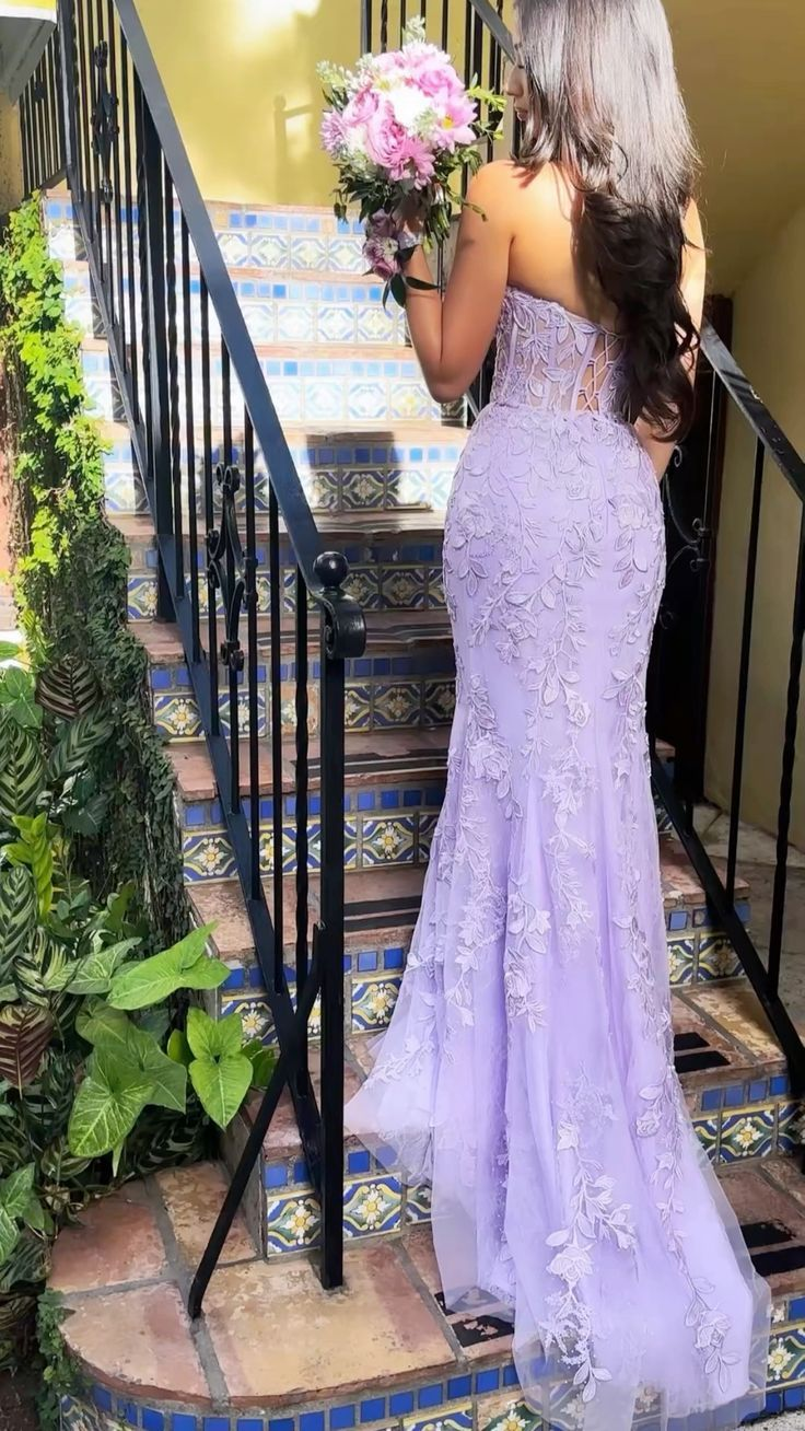 Lilac Strapless Tulle Lace Appliques Prom Dress Mermaid Party Evening Gown