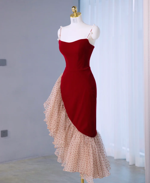 Vintage Red Velvet Ruffle Party Dress Mermaid Birthday Dress