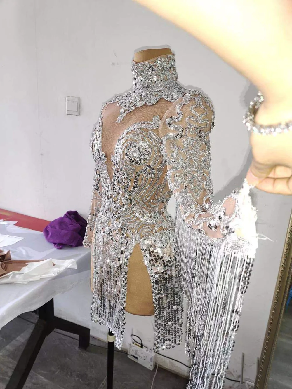 Shining Silver Sequins Fringes Dress Costume Sexy Party Dress