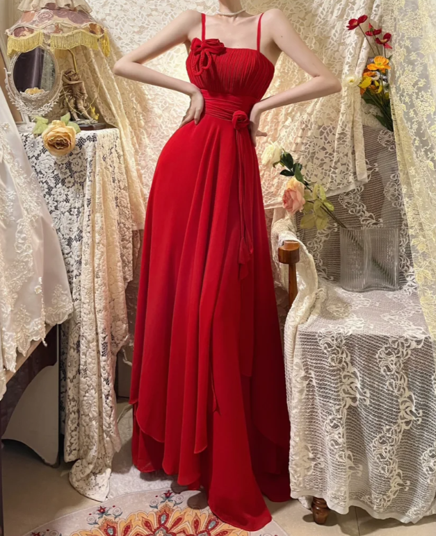 Charming Spaghetti Straps Red Chiffon A Line Long Wedding Guest Dress Evening Dress Dress
