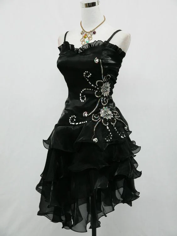 Vintage Black Chiffon Beaded Short Prom Dress Formal 8th Grade Homecoming Dress