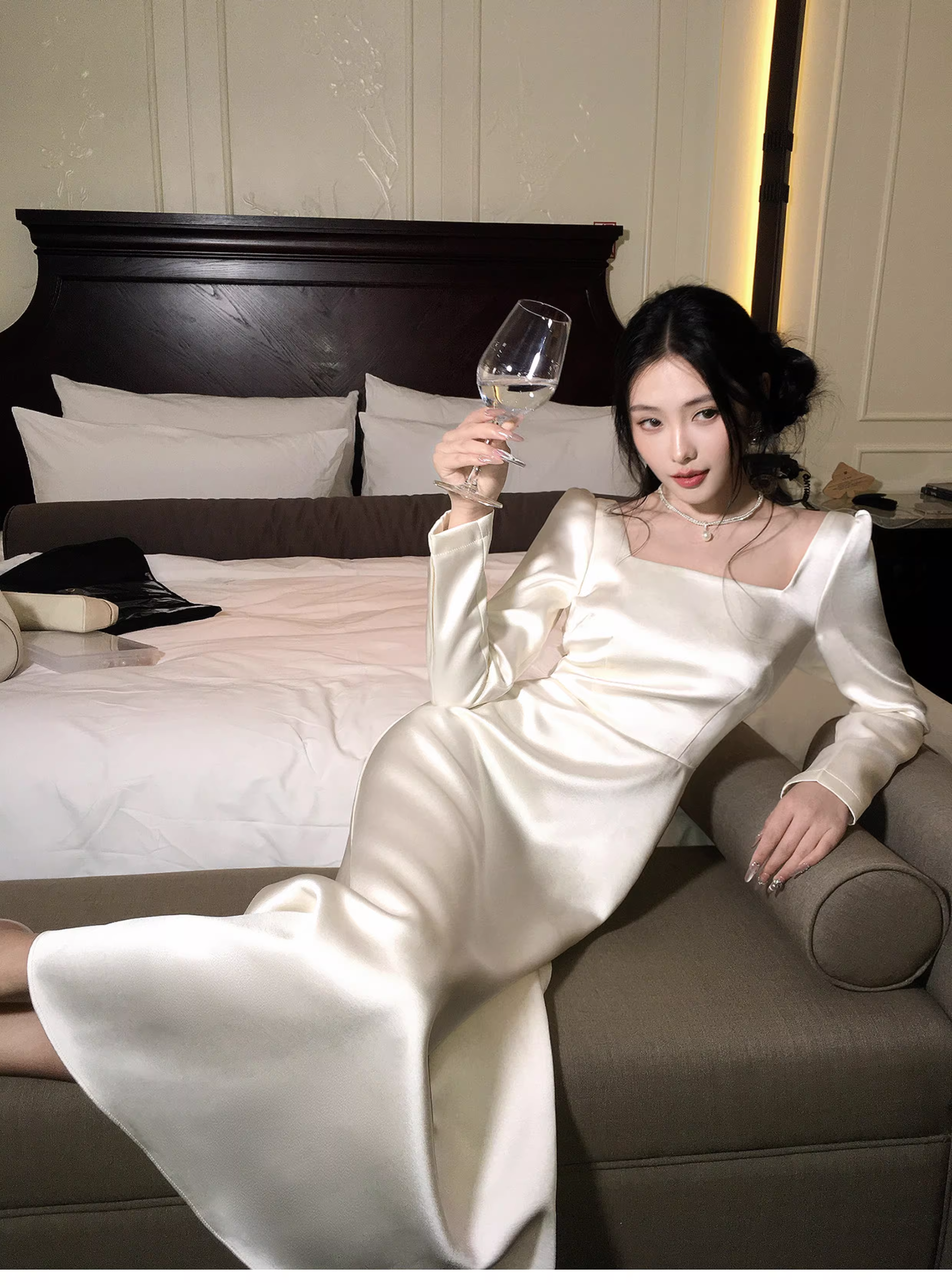 Elegant Square White Satin A Line Long Party Dress Evening Dress