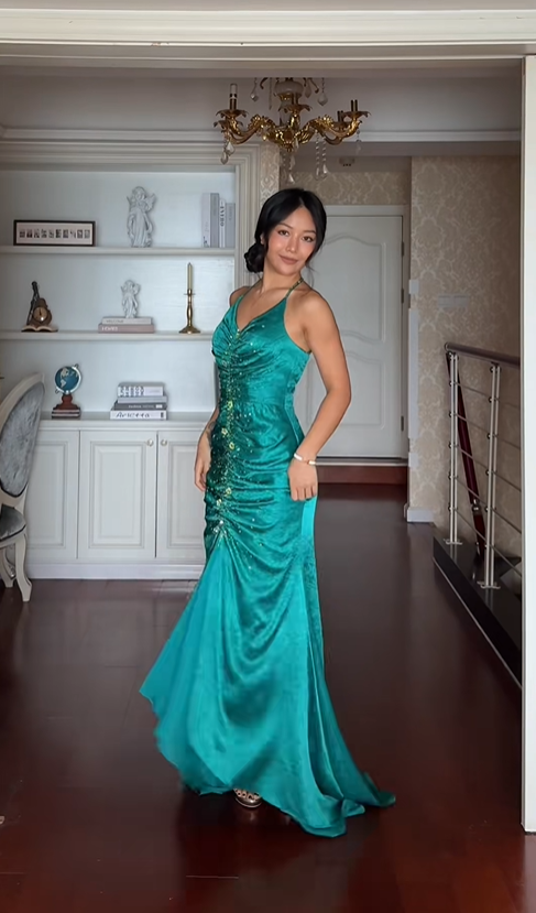 Classy Halter Green Satin Beaded Mermaid Evening Dress Formal Birthday Party Dress