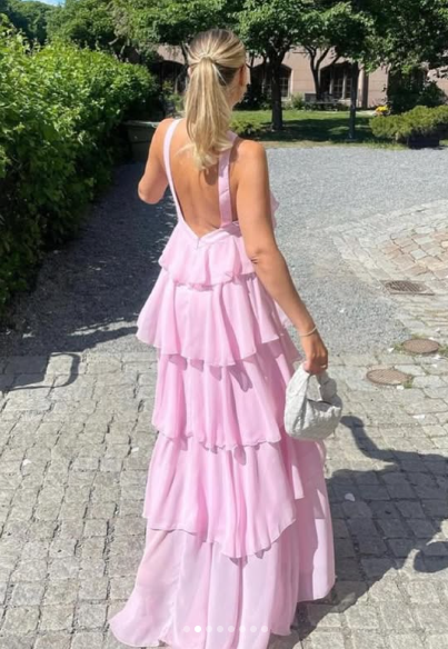 Women's Pink A-line Tiered Prom Dress,Pink Backless Evening Dress