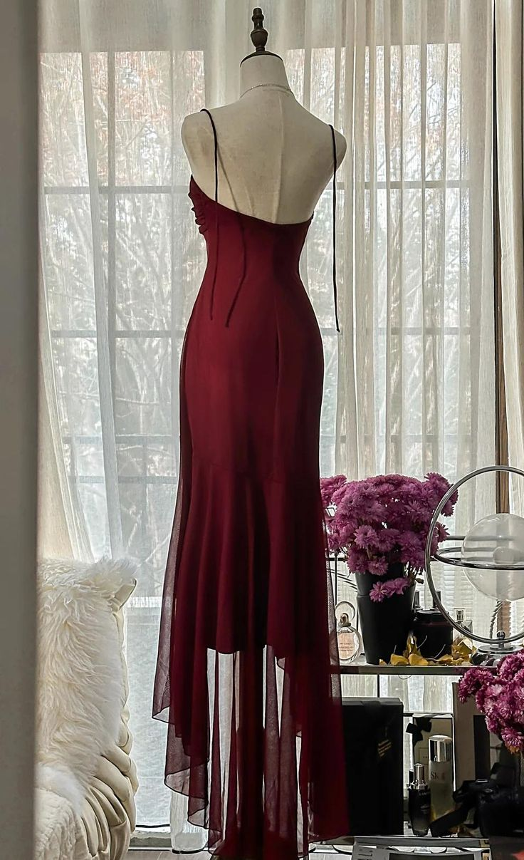 Burgundy Mermaid Chiffon Strapless Prom Dress Graduation Party Dress