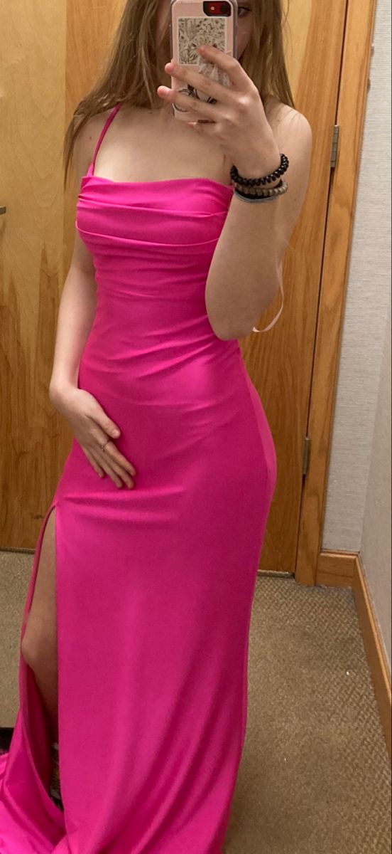 Beautiful Spaghetti Straps Mermaid Slit Evening Dress,Hot Pink Prom Dress