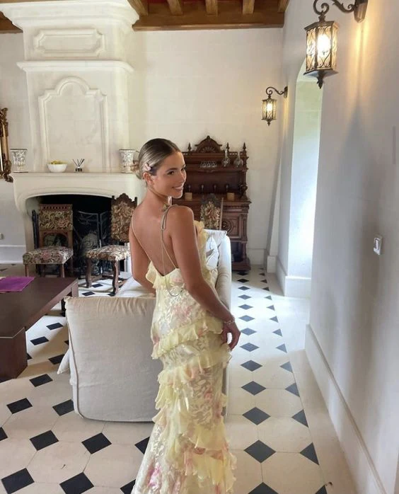 Pretty Yellow Print Chiffon Ruffles Party Evening Dress Long Prom Dress