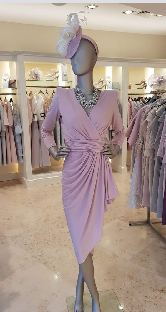 Simple Pure Color V Neck Long Sleeves Party Dress
