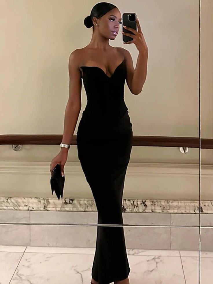 Strapless Prom Dress Black Elegant Evening Party Dress