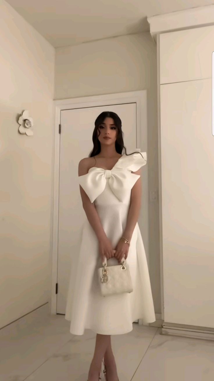 White Elegant Party Prom Dress One Shoulder BowKnot Evening Dresses