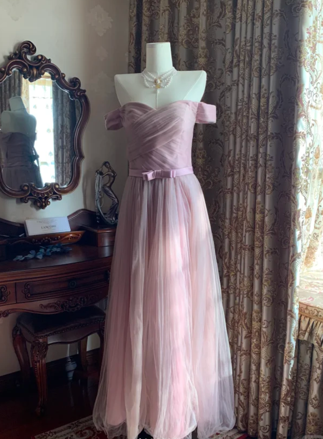 Sweet Pink Off The Shoulder Tulle A Line Long Birthday Party Dress Formal Wedding Guest Dress