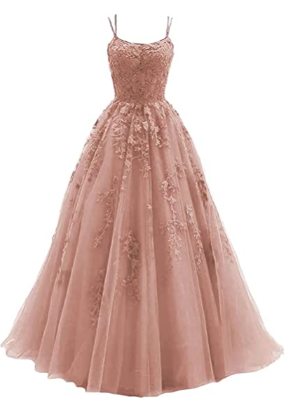 Silver spaghetti strap prom dress, long tulle lace appliquéd women's party dress