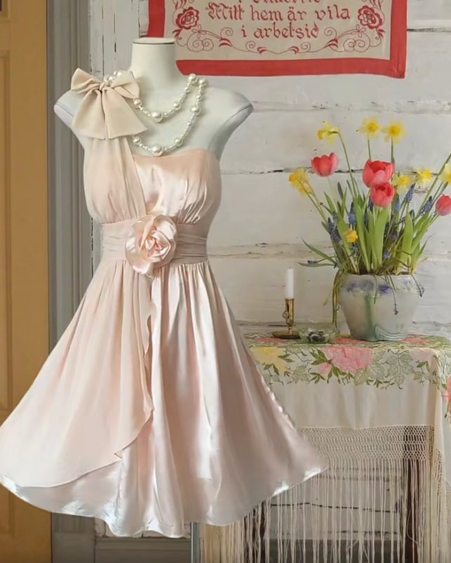 Elegant One Shoulder Pink Satin Chiffon A Line Homecoming Dress Formal 21st Birthday Outfits