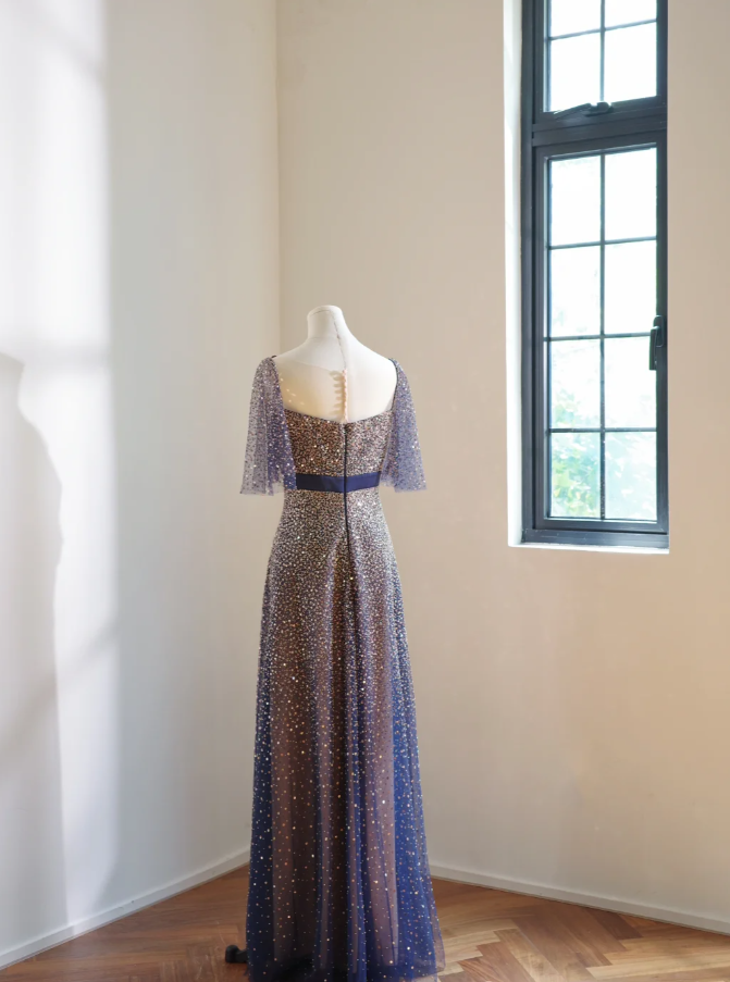 Glitter Navy Blue V Neck Tulle Sequin Beaded A Line Birthday Party Dress Long Evening Dress