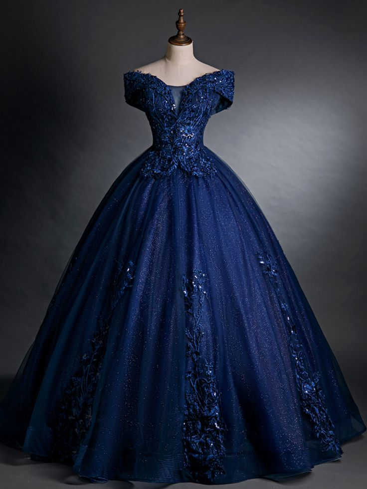 Beautiful Navy Blue Sequins Appliques Beading Quinceanera Dress Sweet 16 Ball Gown