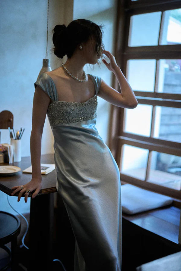 Elegant Blue A Line Straps Beaded Satin Long Prom Dress Evening Dress