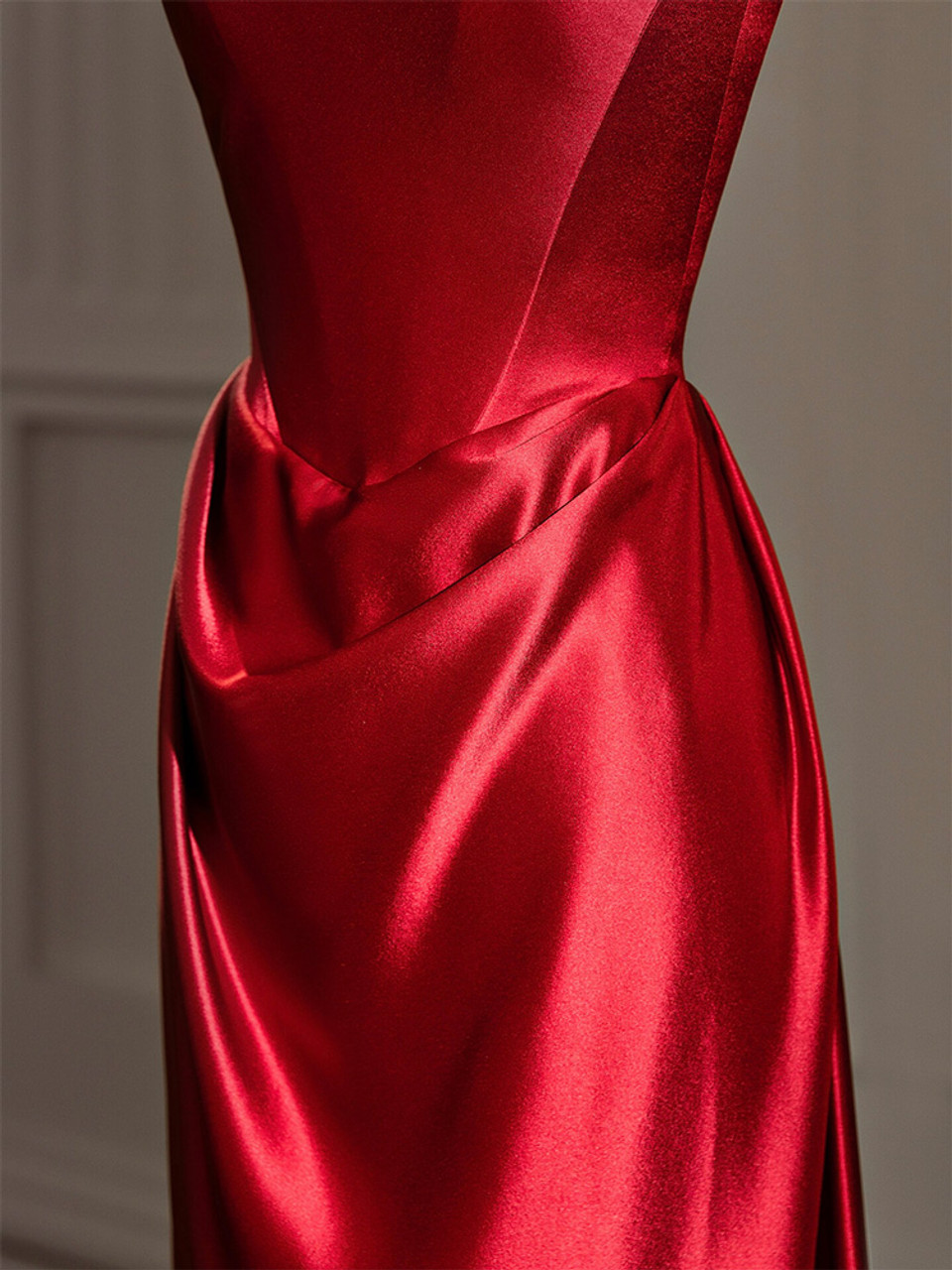 Elegant Red Satin Straps Pleats Prom Dress Long A Line Party Evening Dress