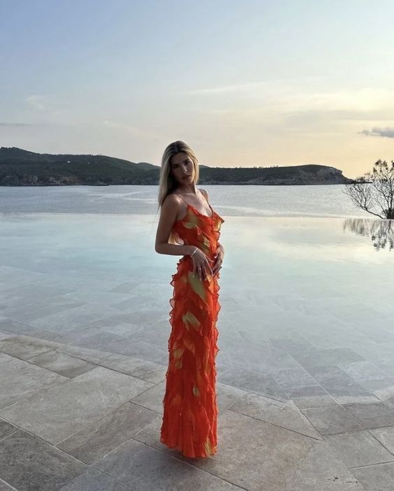 Sexy Straps Chiffon Long Tiered Slit Prom Dress Party Evening Dress