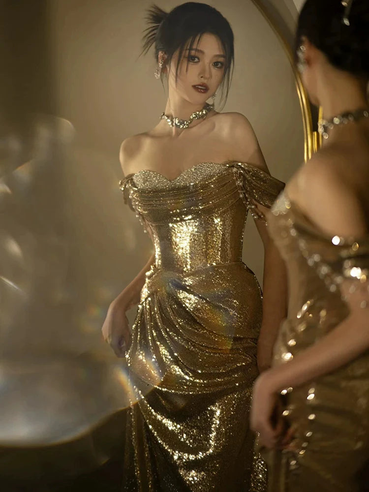 Mermaid Gold Long Prom Dress Sexy Off Shoulder Evening Dresses
