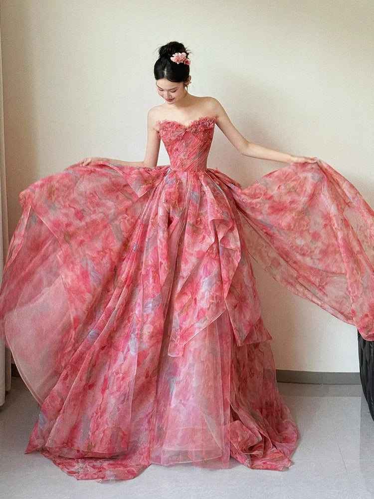A Line Strapless Floral Print Long Prom Dress Sexy Evening Dresses