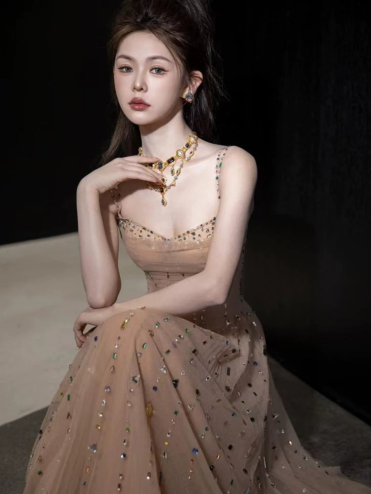 A Line Champagne Long Prom Dress Sexy Evening Dresses