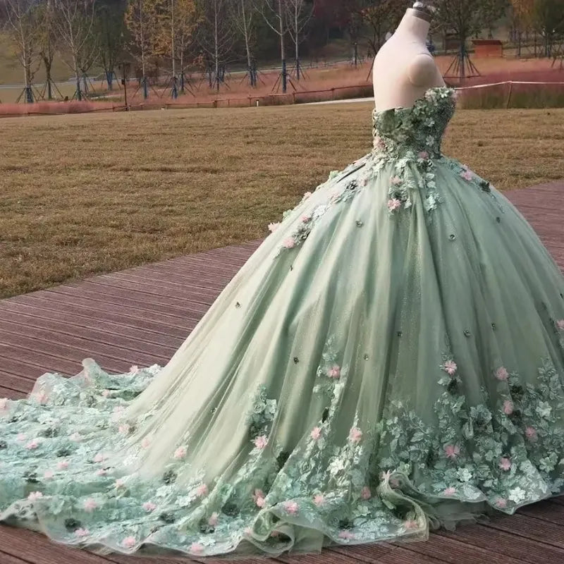 Sage Green Quinceanera Dress Off-Shoulder Applique Lace Beaded Tulle Ball Gown for Sweet 16 & 15