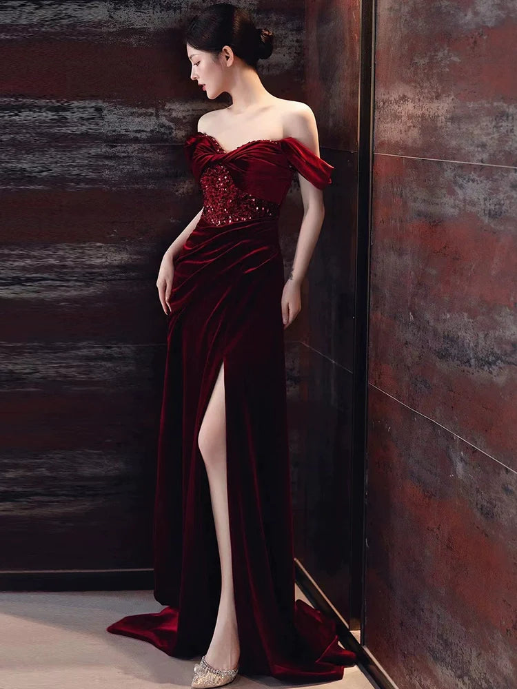 Burgundy Velvet Mermaid Long Prom Dress Off Shoulder Evening Dresses With Slit
