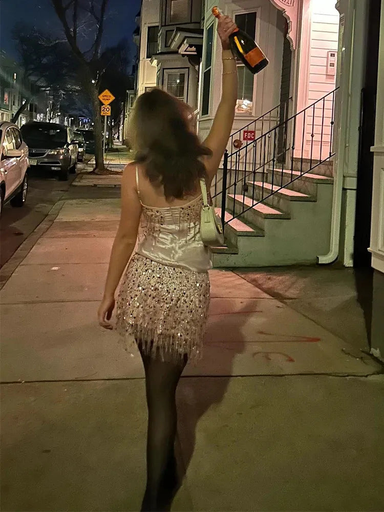 Fashion Sequin Tassel Pink Short Evening Dress Cocktail Dresses Short Party Dress