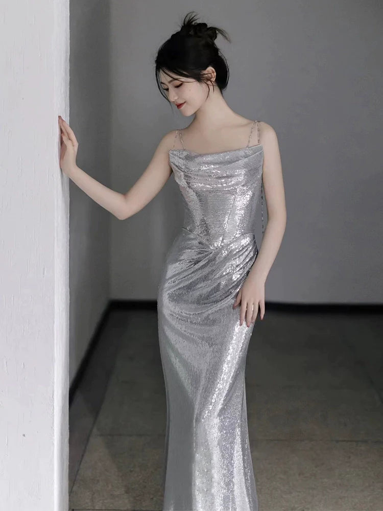 Silver Sequin Mermaid Long Prom Dress Sexy Evening Dresses