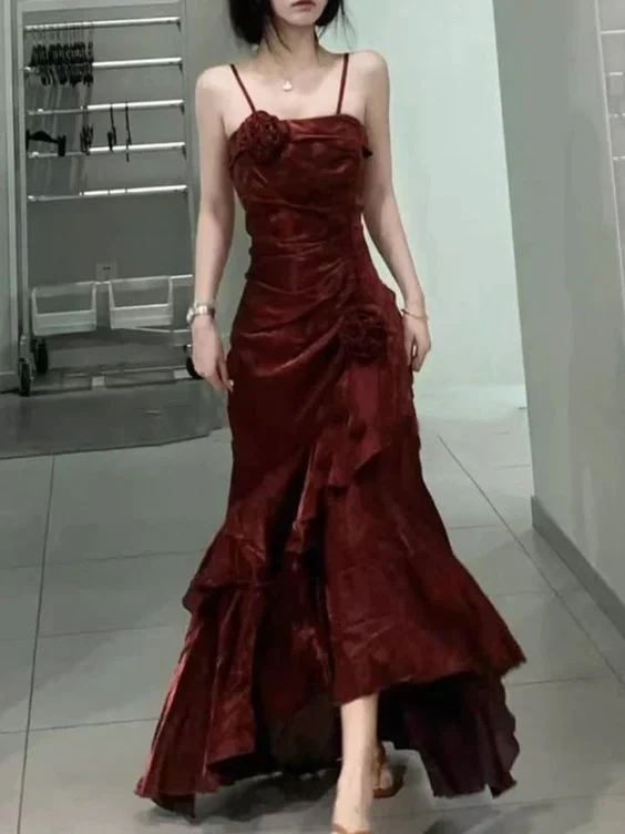 Elegant Mermaid Ruffles Spaghetti Straps Prom Dress With Flower,Formal Party Evening Dress