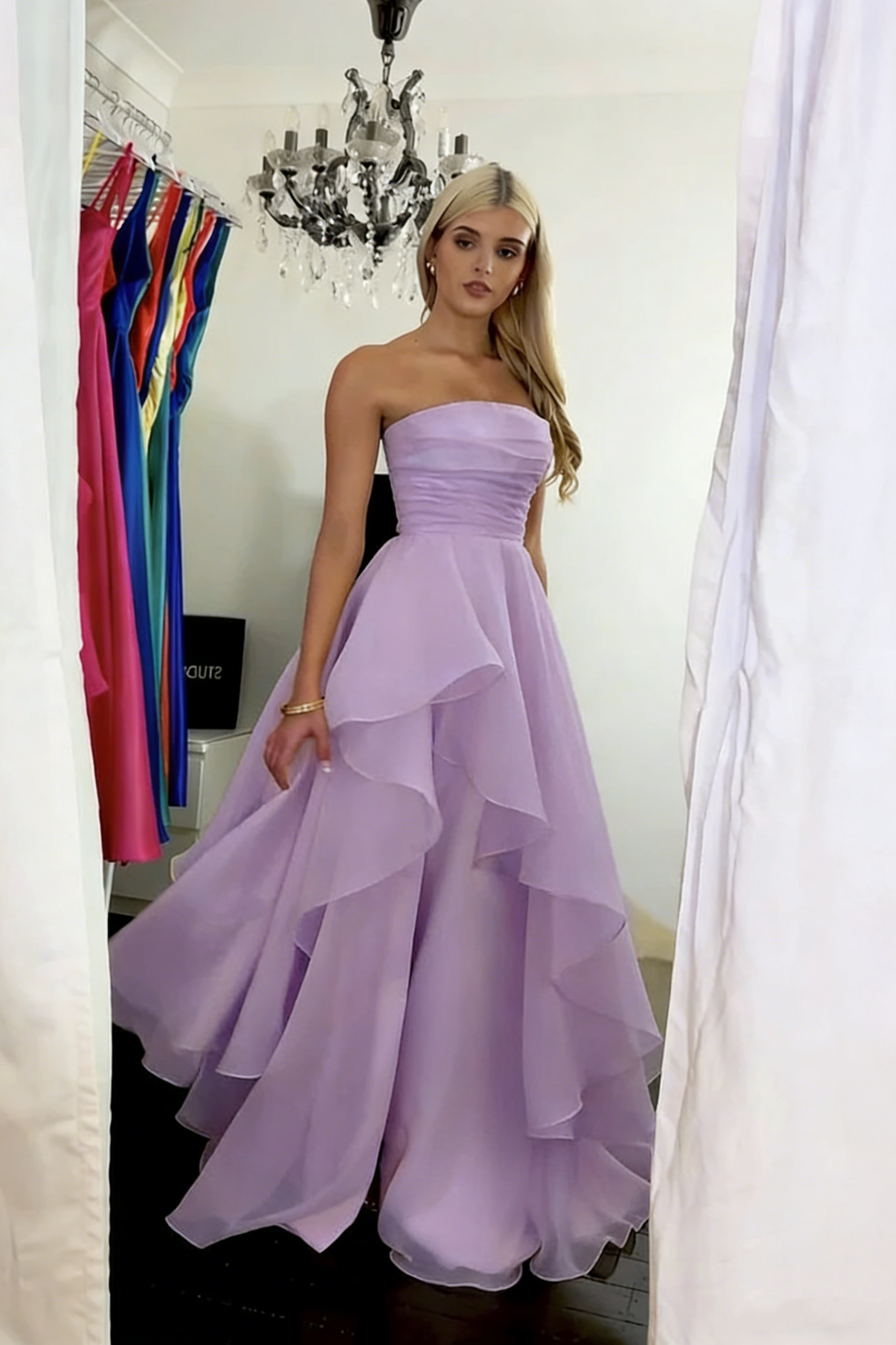 Classy Strapless Yellow Satin Tulle Slit Long Prom Dress Formal Birthday Party Dress