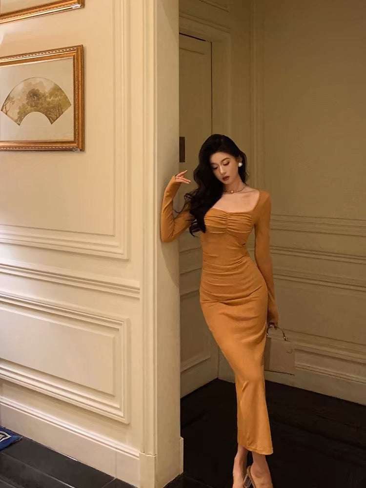 Classy Mermaid Square neckline Orange Prom Dresses Birthday Outfits Evening Gown