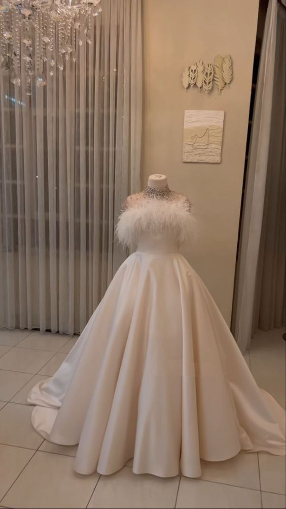 A-line White Satin Wedding Dress,White Bridal Dress