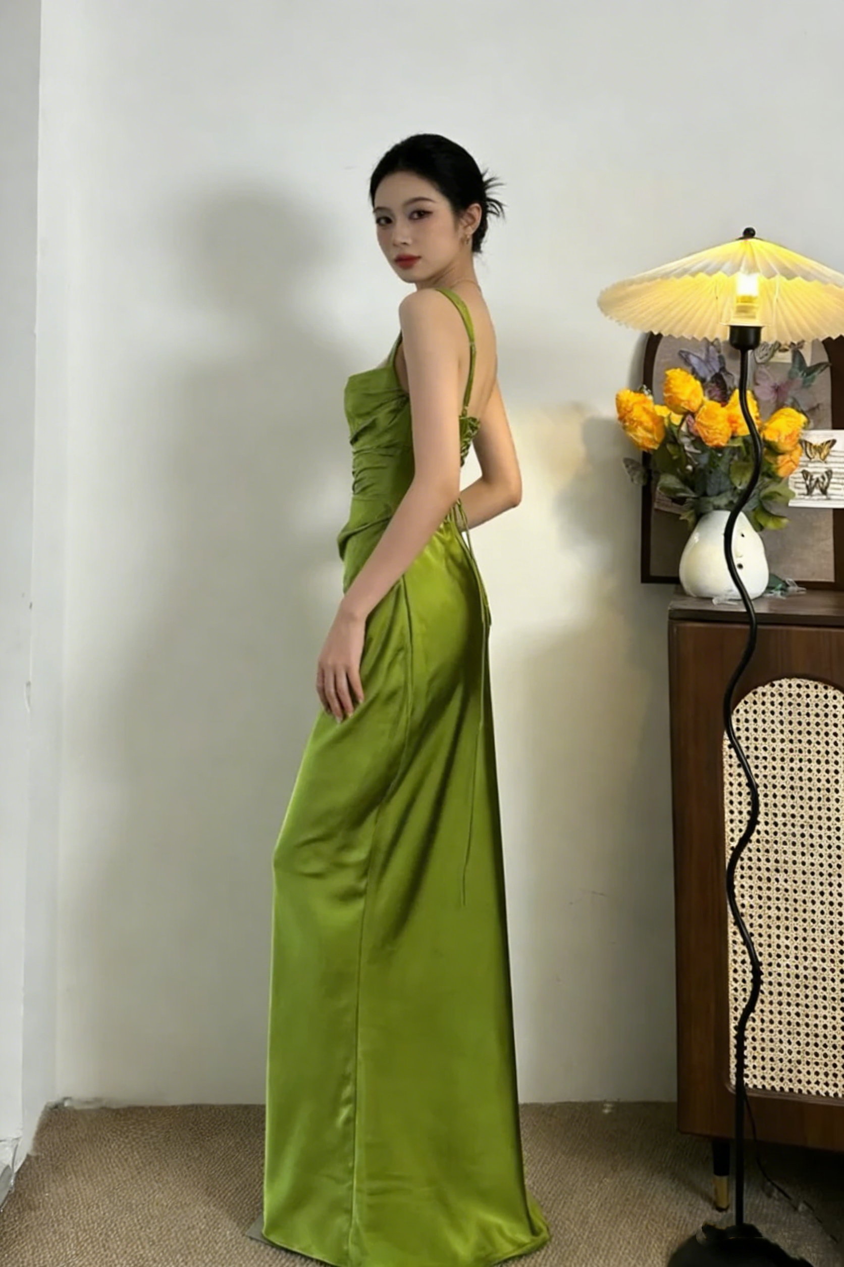 Classy Green Satin Mermaid Long Wedding Guest Dress Formal Birthday Prom Dress Party Dress