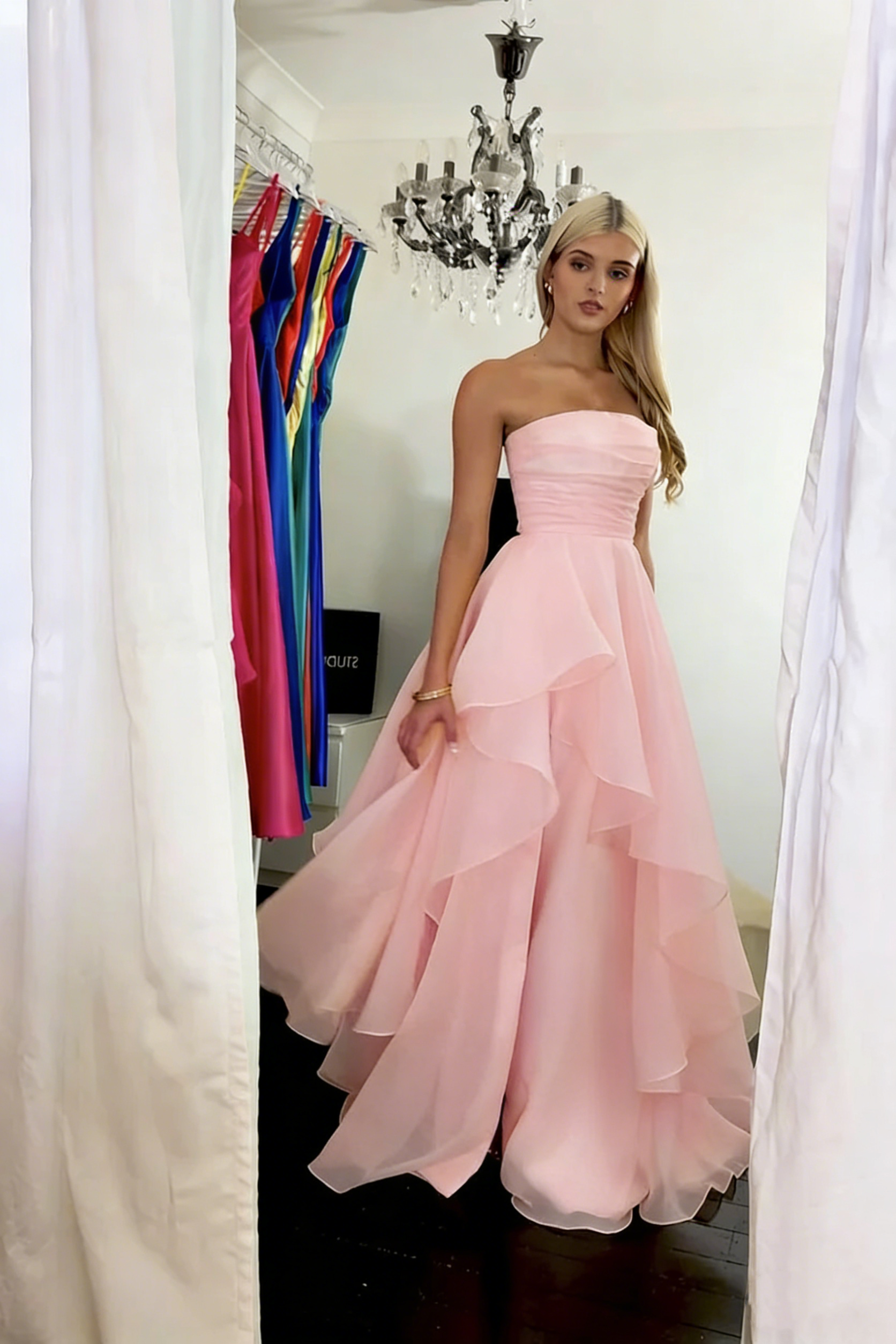 Classy Strapless Yellow Satin Tulle Slit Long Prom Dress Formal Birthday Party Dress