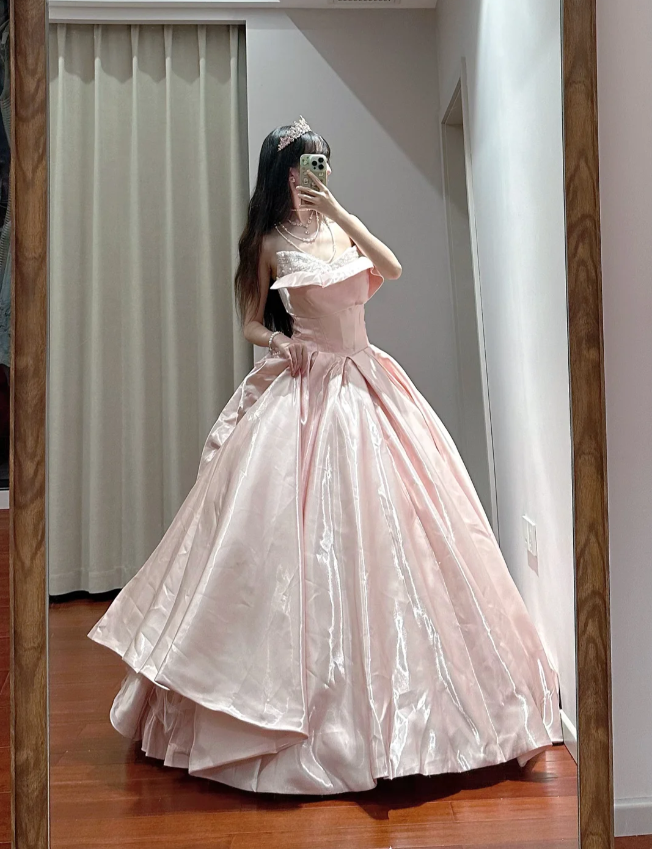 Princess Pink Strapless Ruffled Neck Satin Floor-Length Ball Gown Evening Dress