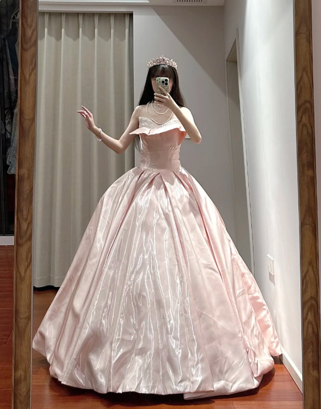 Princess Pink Strapless Ruffled Neck Satin Floor-Length Ball Gown Evening Dress