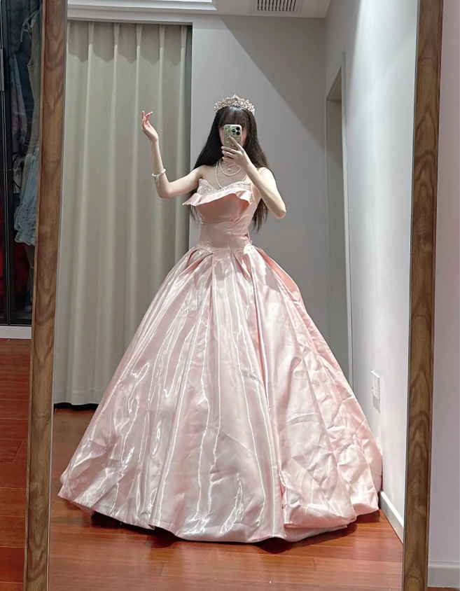 Princess Pink Strapless Ruffled Neck Satin Floor-Length Ball Gown Evening Dress