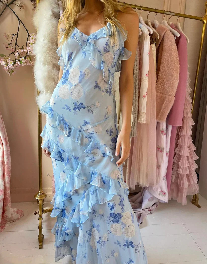 Charming Spaghetti Straps Chiffon Print Prom Dress Ruffles Mermaid Party Evening Gown