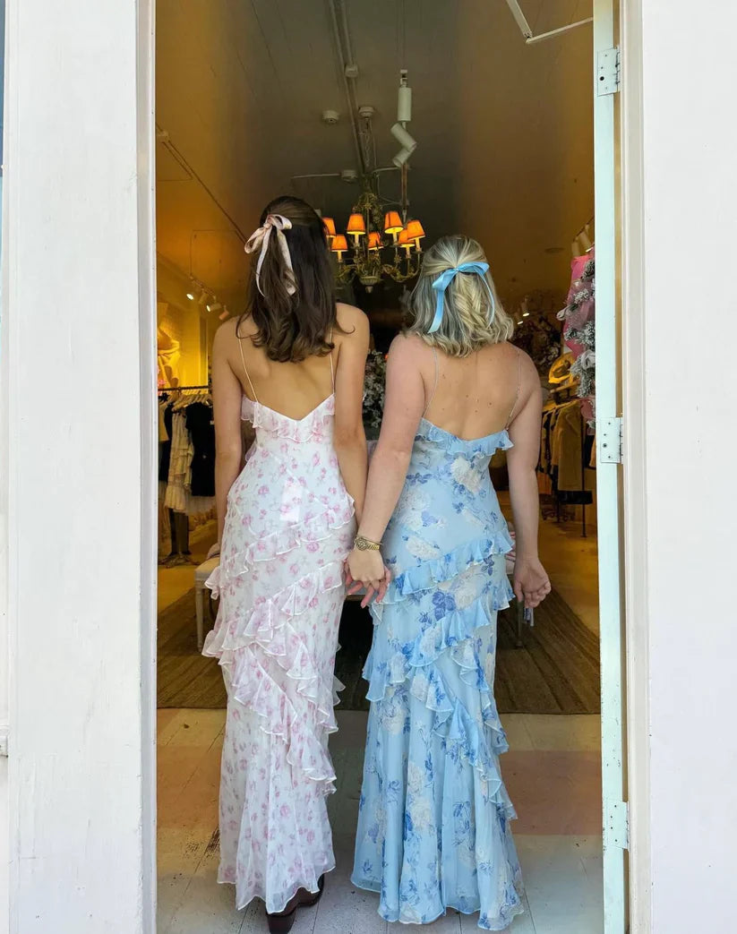 Charming Spaghetti Straps Chiffon Print Prom Dress Ruffles Mermaid Party Evening Gown