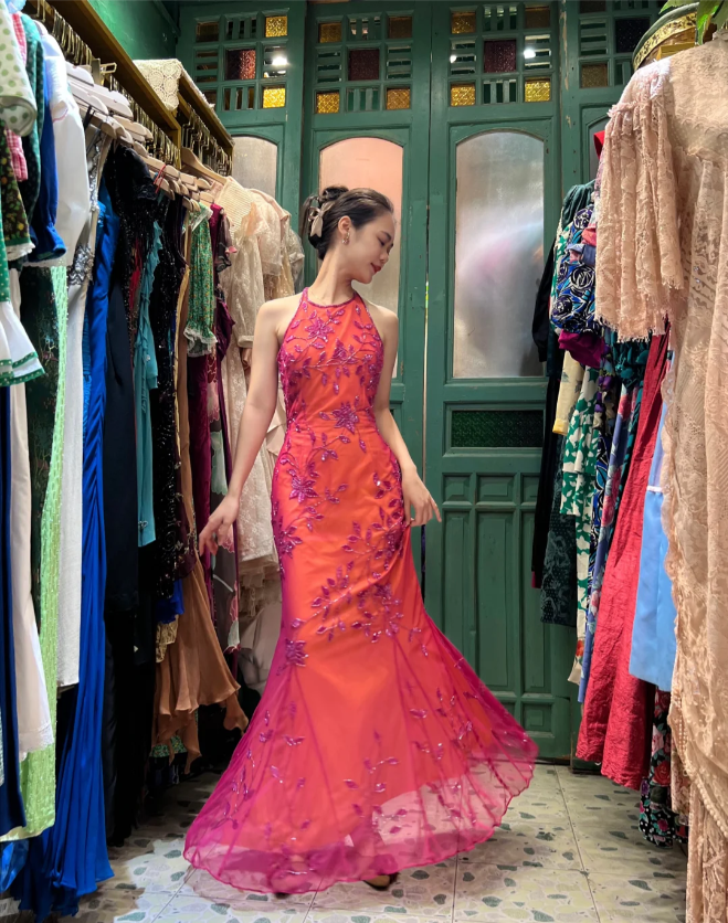 Retro Orange-Pink Mermaid Halter Neck Backless Beaded Tulle Long Prom Dress Evening Dress