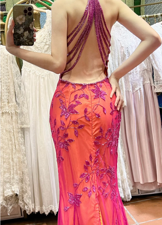 Retro Orange-Pink Mermaid Halter Neck Backless Beaded Tulle Long Prom Dress Evening Dress
