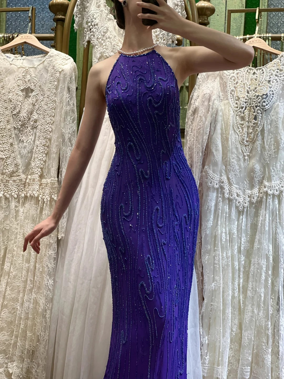 Vintage Deep Purple Mermaid Halter Neck Backless Beaded Chiffon Prom Dress Evening Dress
